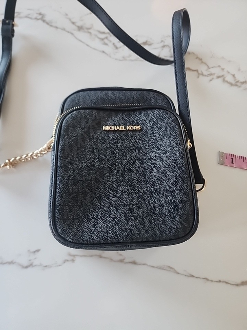 Michael Kors Jet Set Black MK Logo Crossbody Bag Small Camera Purse Gold Chain